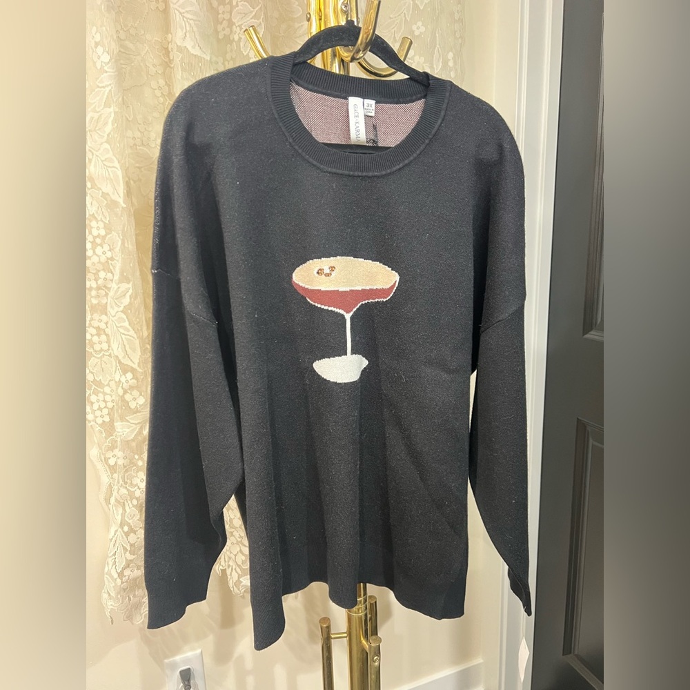 Super Soft Black Sweater with Espresso Martini Design NWT